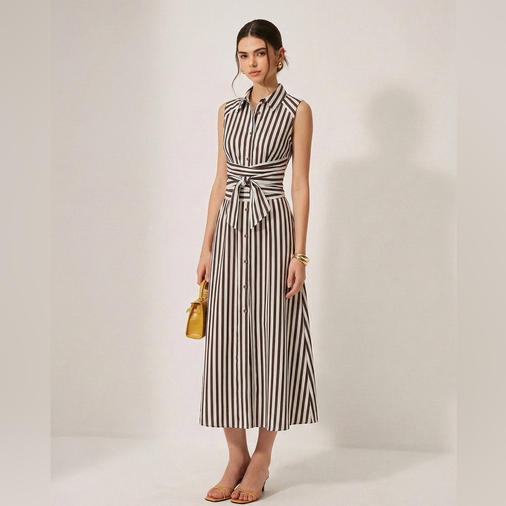 Commense Sleeveless Striped
 Tie Waist Maxi Dress